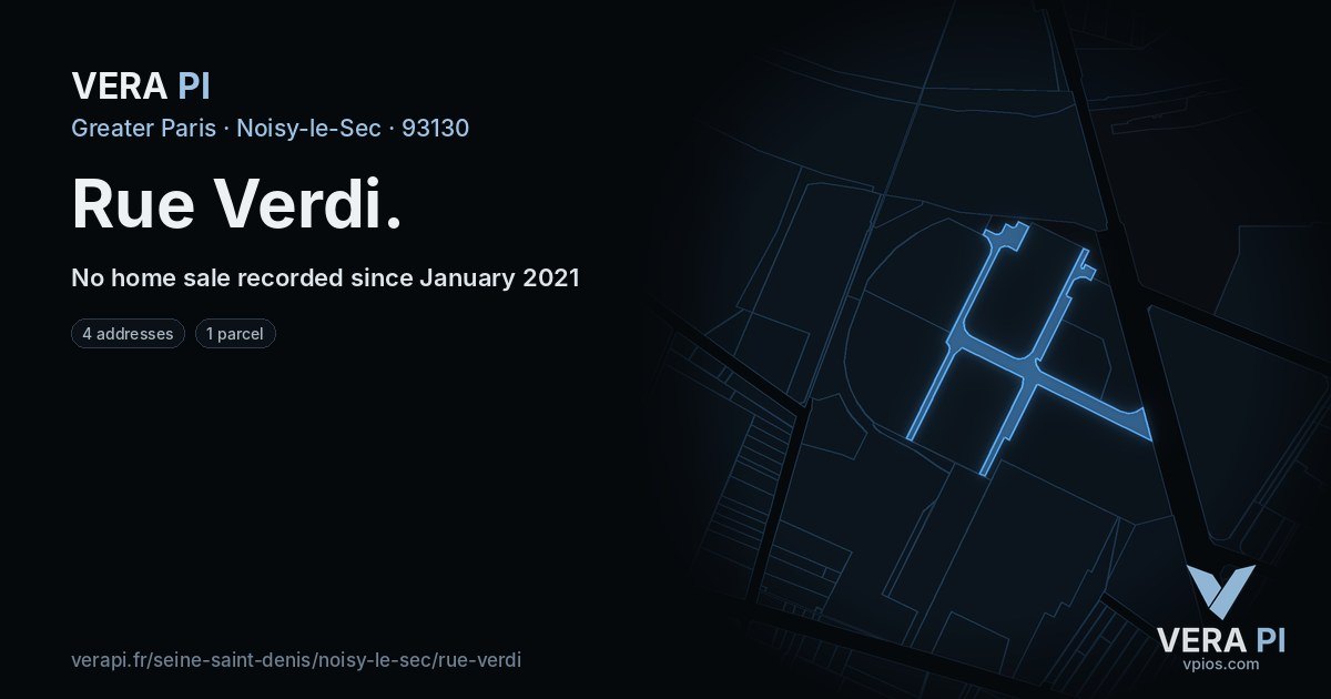 Rue Verdi, Noisy-le-Sec at night – every parcel coloured by the prices around it, the street's own parcels lit