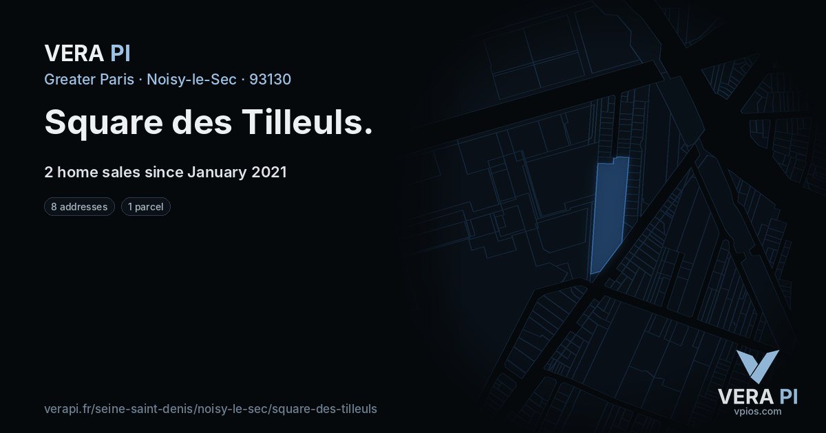 Square des Tilleuls, Noisy-le-Sec at night – every parcel coloured by the prices around it, the street's own parcels lit
