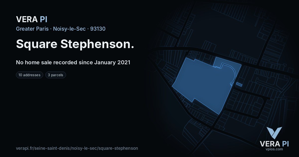 Square Stephenson, Noisy-le-Sec at night – every parcel coloured by the prices around it, the street's own parcels lit