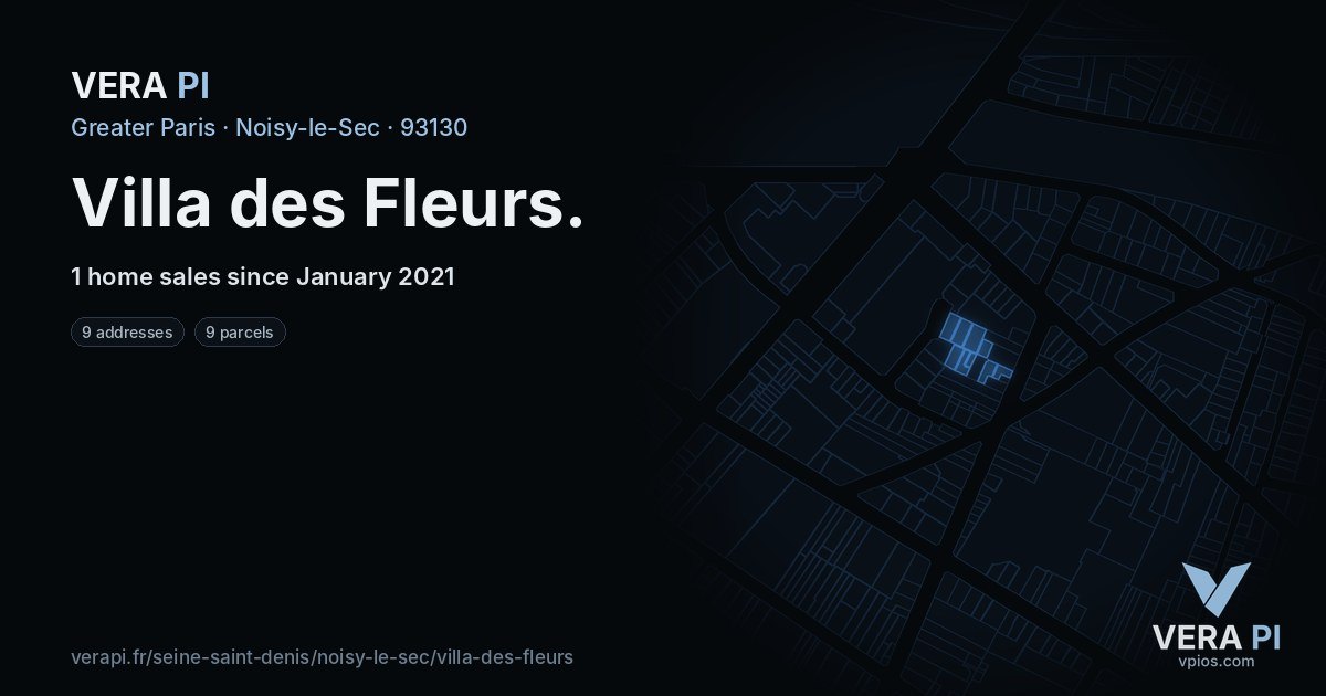 Villa des Fleurs, Noisy-le-Sec at night – every parcel coloured by the prices around it, the street's own parcels lit