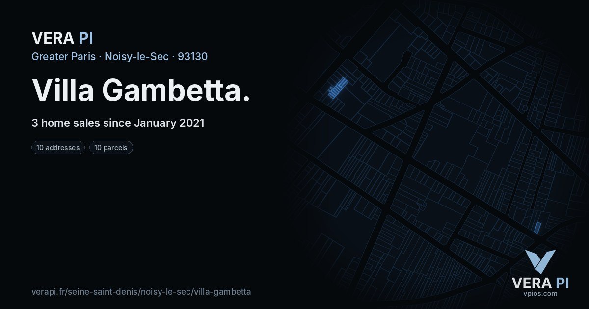 Villa Gambetta, Noisy-le-Sec at night – every parcel coloured by the prices around it, the street's own parcels lit