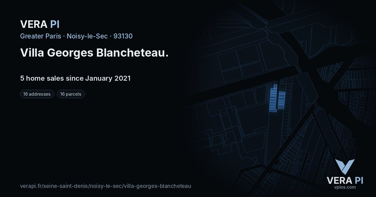 Villa Georges Blancheteau, Noisy-le-Sec at night – every parcel coloured by the prices around it, the street's own parcels lit