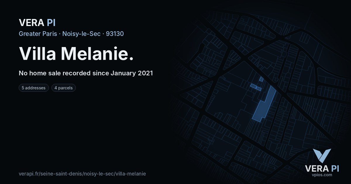 Villa Melanie, Noisy-le-Sec at night – every parcel coloured by the prices around it, the street's own parcels lit