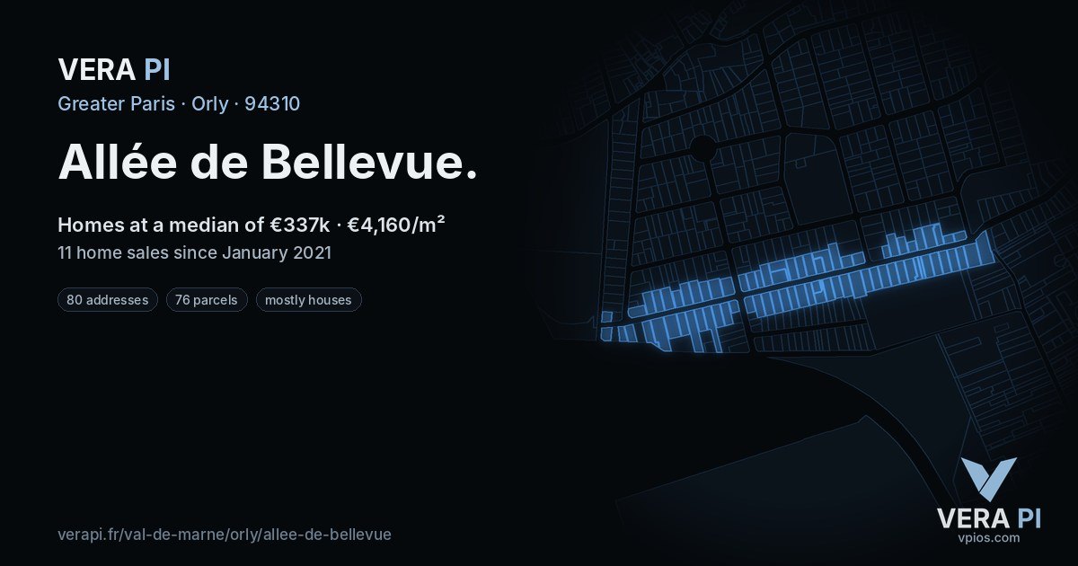 Allée de Bellevue, Orly at night – every parcel coloured by the prices around it, the street's own parcels lit
