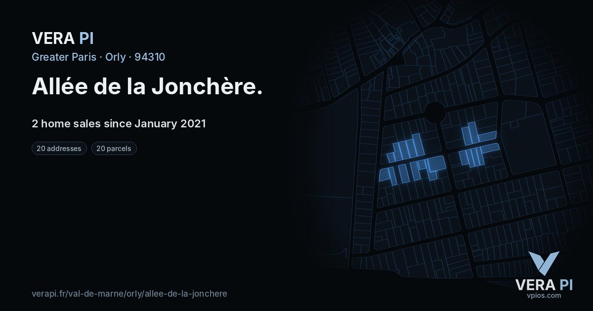 Allée de la Jonchère, Orly at night – every parcel coloured by the prices around it, the street's own parcels lit