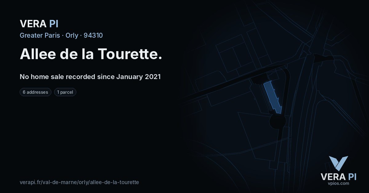 Allee de la Tourette, Orly at night – every parcel coloured by the prices around it, the street's own parcels lit