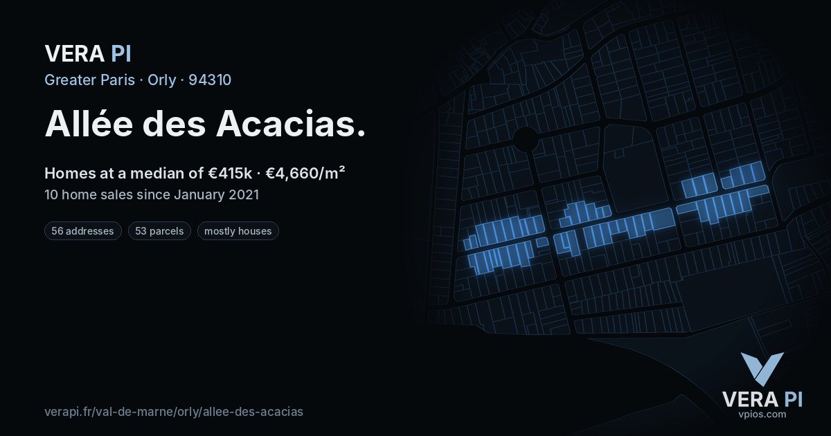 Allée des Acacias, Orly at night – every parcel coloured by the prices around it, the street's own parcels lit