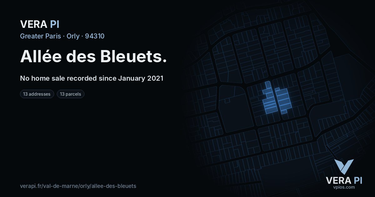 Allée des Bleuets, Orly at night – every parcel coloured by the prices around it, the street's own parcels lit