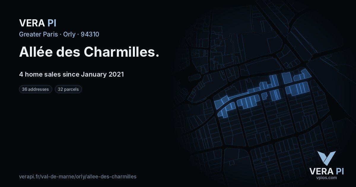 Allée des Charmilles, Orly at night – every parcel coloured by the prices around it, the street's own parcels lit