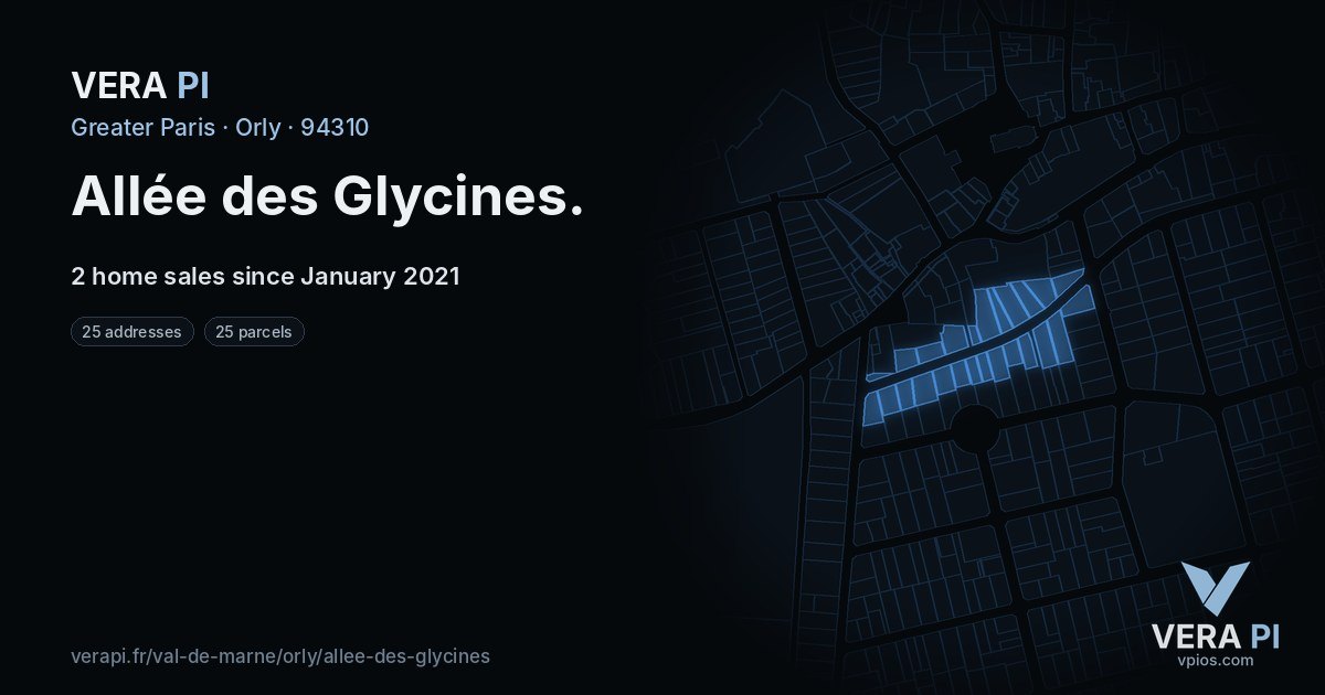 Allée des Glycines, Orly at night – every parcel coloured by the prices around it, the street's own parcels lit