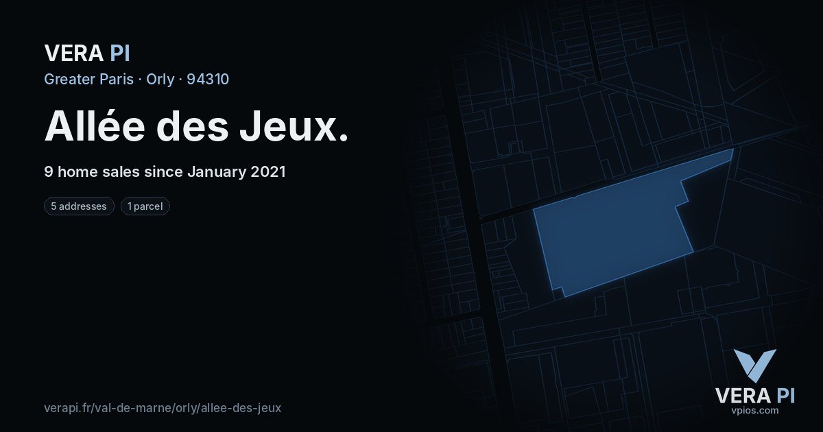 Allée des Jeux, Orly at night – every parcel coloured by the prices around it, the street's own parcels lit