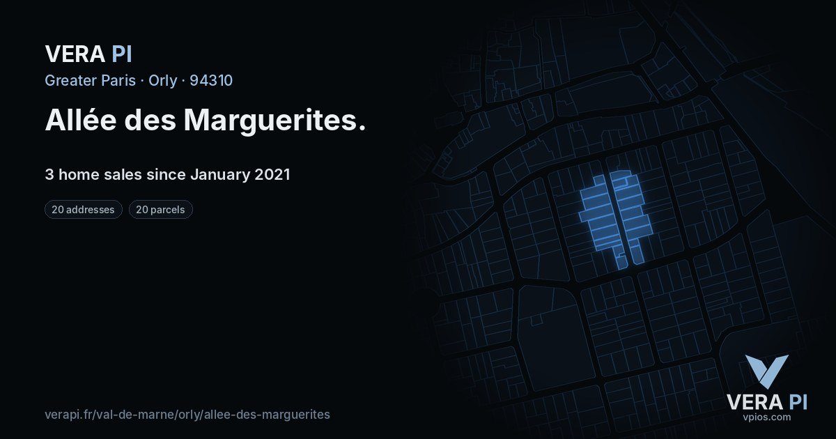Allée des Marguerites, Orly at night – every parcel coloured by the prices around it, the street's own parcels lit