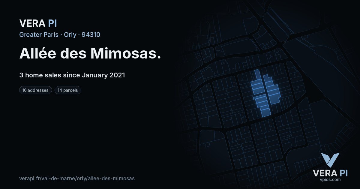 Allée des Mimosas, Orly at night – every parcel coloured by the prices around it, the street's own parcels lit