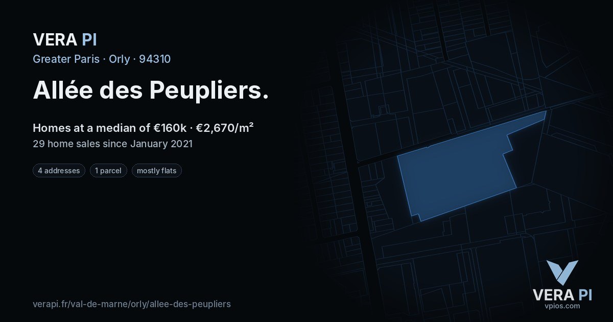 Allée des Peupliers, Orly at night – every parcel coloured by the prices around it, the street's own parcels lit