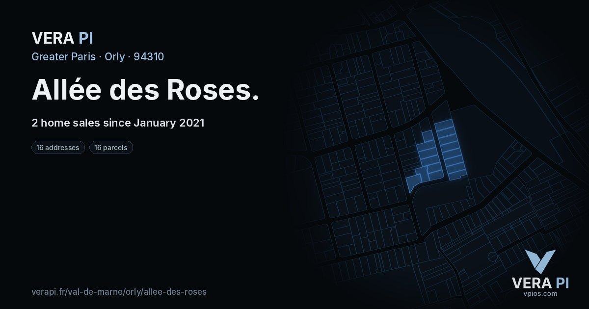 Allée des Roses, Orly at night – every parcel coloured by the prices around it, the street's own parcels lit