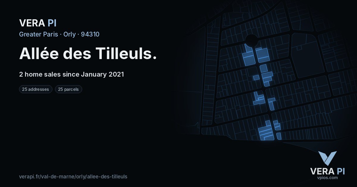 Allée des Tilleuls, Orly at night – every parcel coloured by the prices around it, the street's own parcels lit