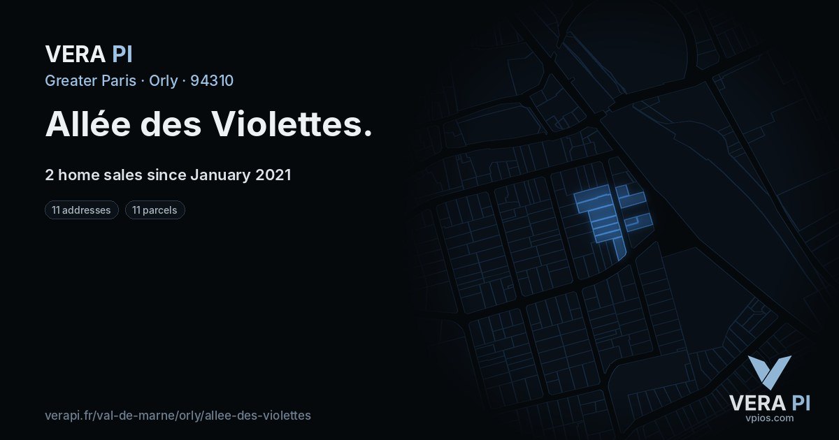 Allée des Violettes, Orly at night – every parcel coloured by the prices around it, the street's own parcels lit