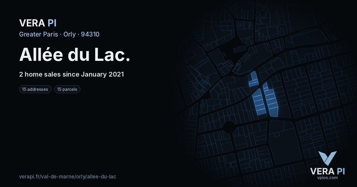 Allée du Lac, Orly at night – every parcel coloured by the prices around it, the street's own parcels lit