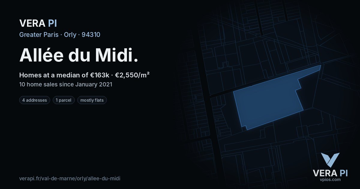 Allée du Midi, Orly at night – every parcel coloured by the prices around it, the street's own parcels lit