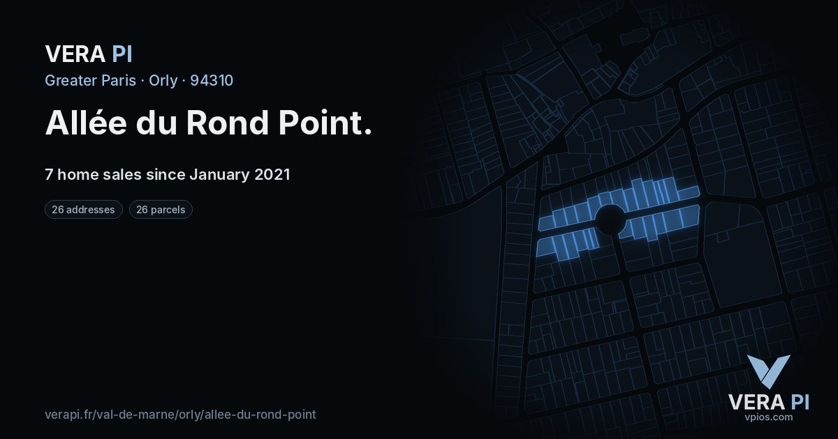 Allée du Rond Point, Orly at night – every parcel coloured by the prices around it, the street's own parcels lit