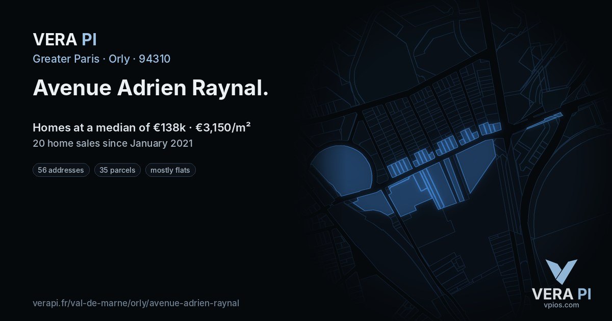 Avenue Adrien Raynal, Orly at night – every parcel coloured by the prices around it, the street's own parcels lit