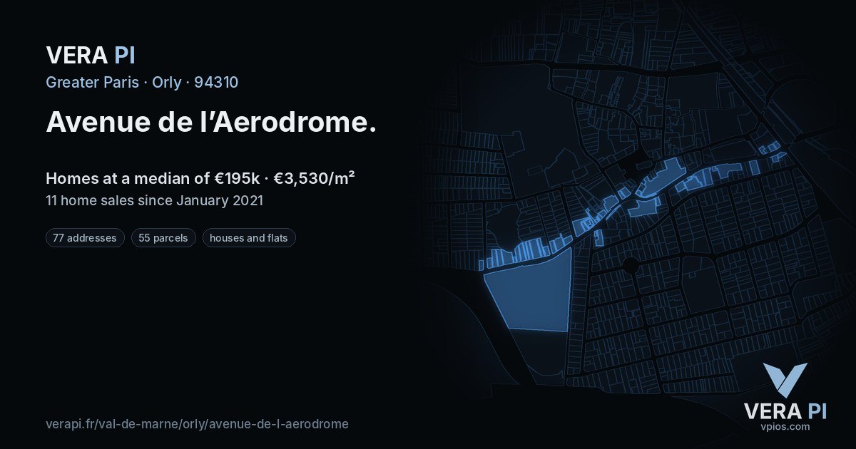 Avenue de l’Aerodrome, Orly at night – every parcel coloured by the prices around it, the street's own parcels lit