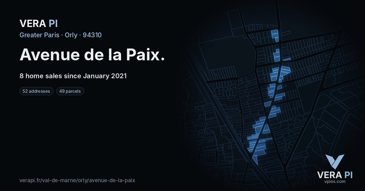Avenue de la Paix, Orly at night – every parcel coloured by the prices around it, the street's own parcels lit