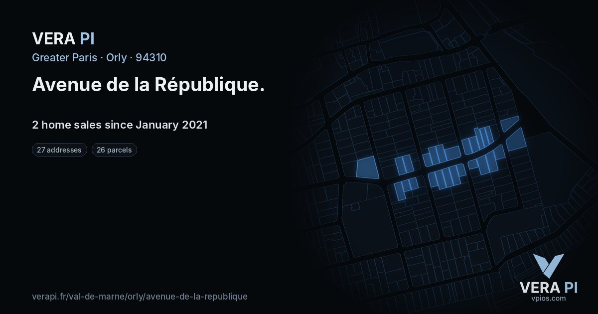 Avenue de la République, Orly at night – every parcel coloured by the prices around it, the street's own parcels lit