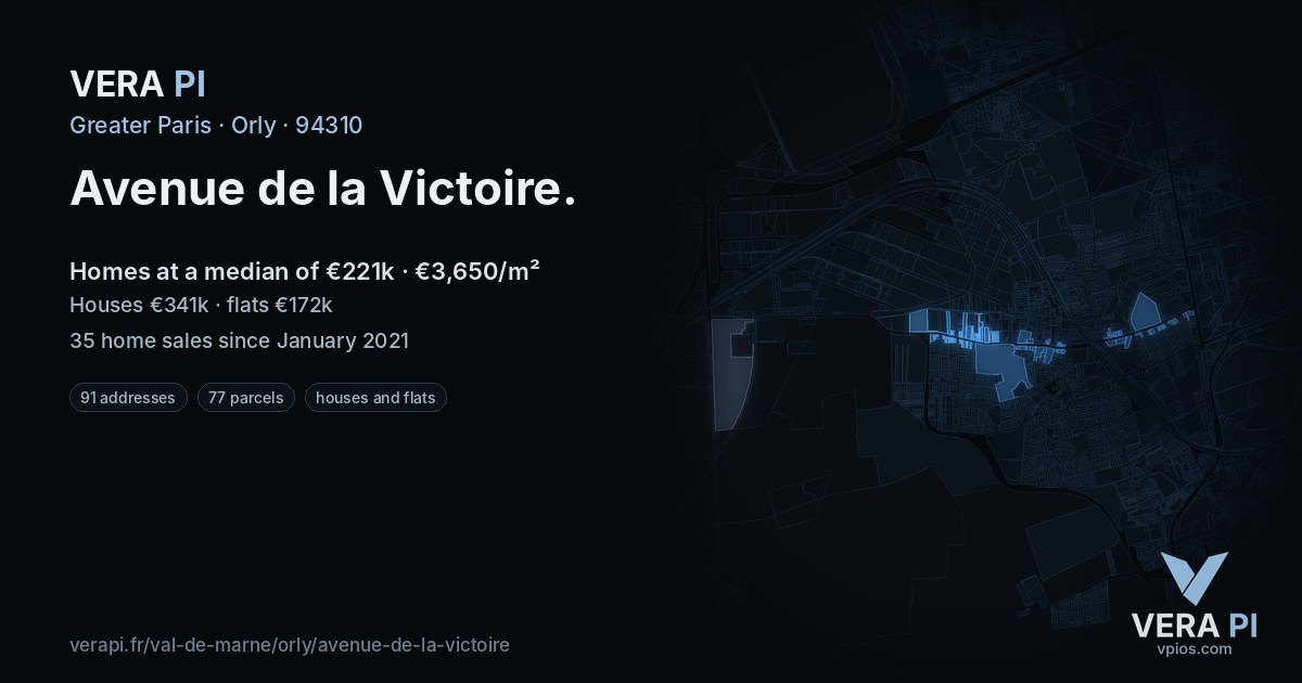 Avenue de la Victoire, Orly at night – every parcel coloured by the prices around it, the street's own parcels lit