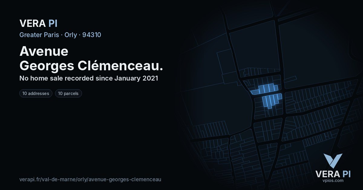 Avenue Georges Clémenceau, Orly at night – every parcel coloured by the prices around it, the street's own parcels lit