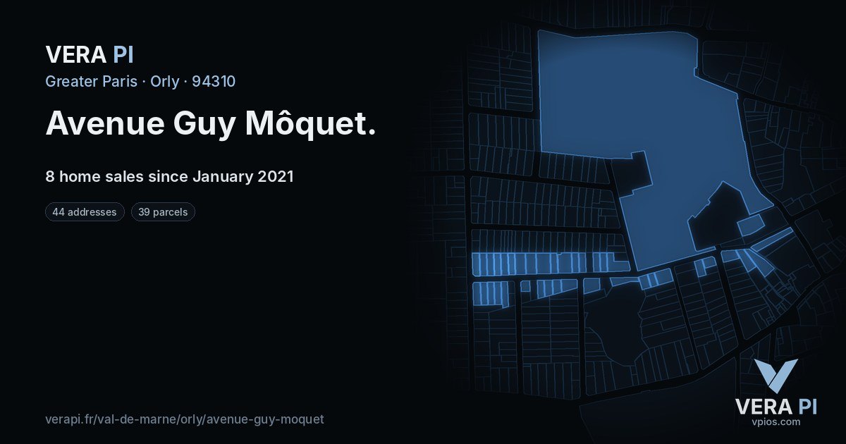 Avenue Guy Môquet, Orly at night – every parcel coloured by the prices around it, the street's own parcels lit