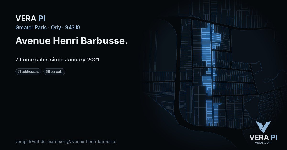 Avenue Henri Barbusse, Orly at night – every parcel coloured by the prices around it, the street's own parcels lit