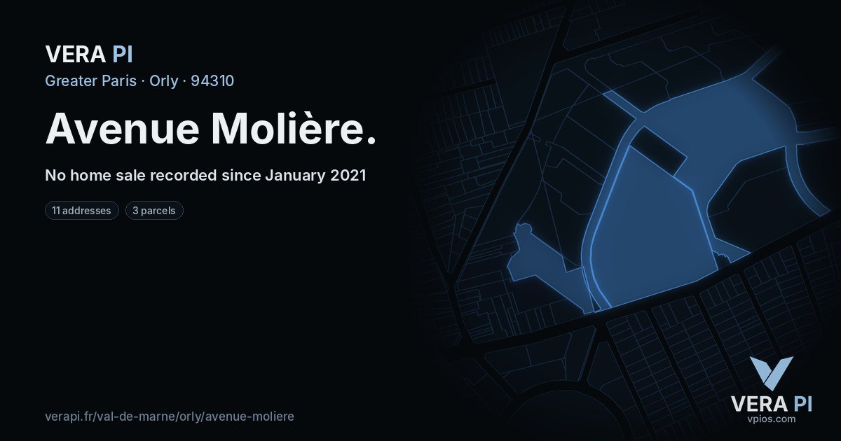 Avenue Molière, Orly at night – every parcel coloured by the prices around it, the street's own parcels lit