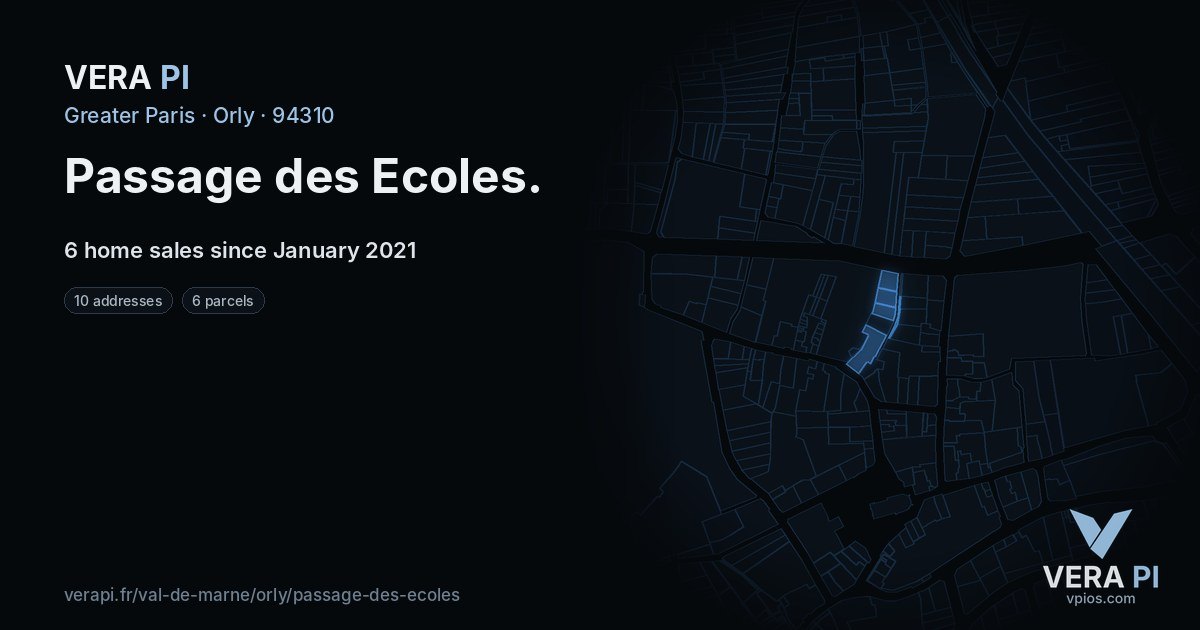 Passage des Ecoles, Orly at night – every parcel coloured by the prices around it, the street's own parcels lit