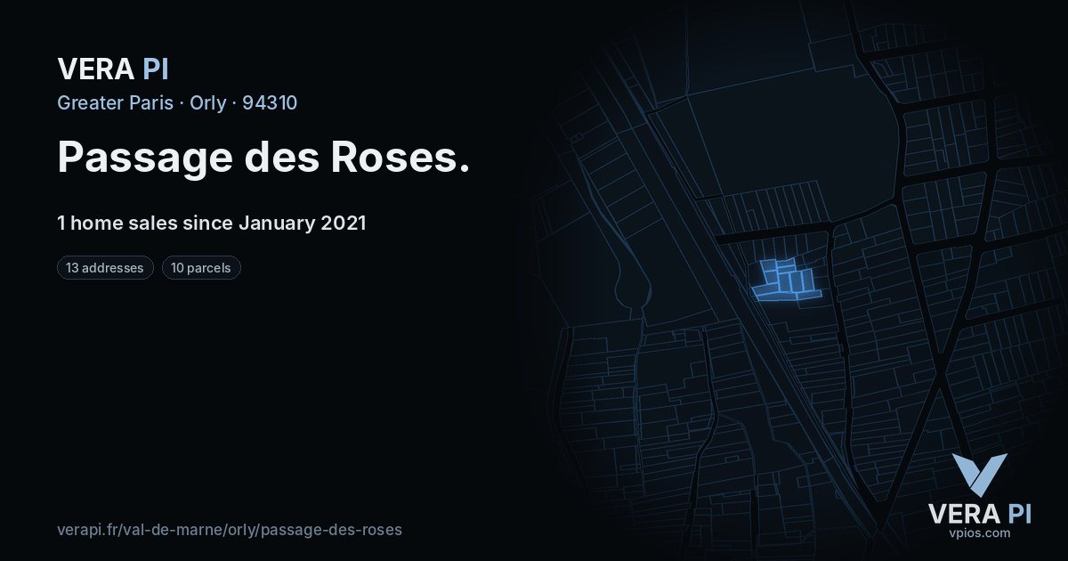 Passage des Roses, Orly at night – every parcel coloured by the prices around it, the street's own parcels lit
