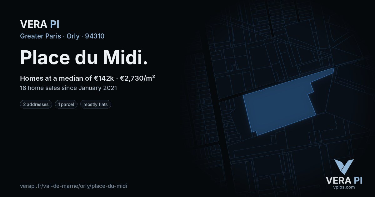 Place du Midi, Orly at night – every parcel coloured by the prices around it, the street's own parcels lit