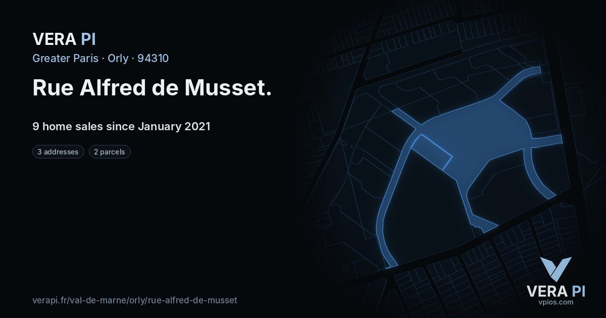 Rue Alfred de Musset, Orly at night – every parcel coloured by the prices around it, the street's own parcels lit