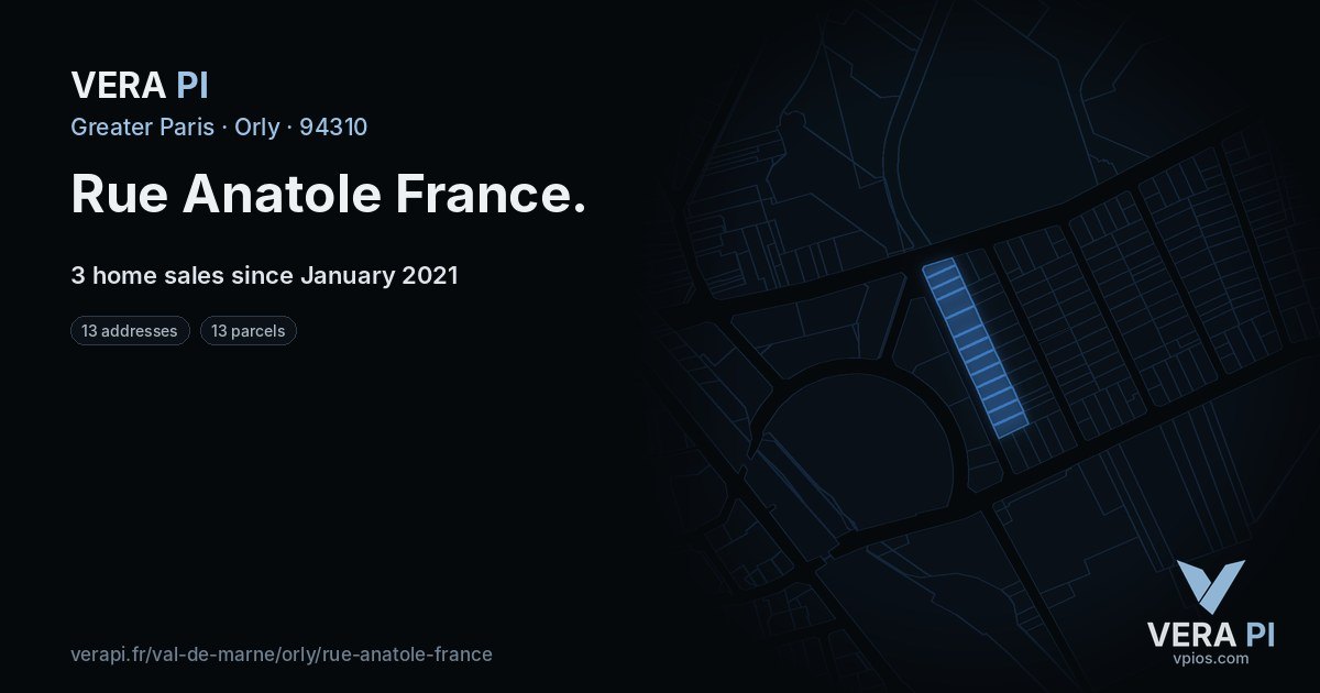 Rue Anatole France, Orly at night – every parcel coloured by the prices around it, the street's own parcels lit