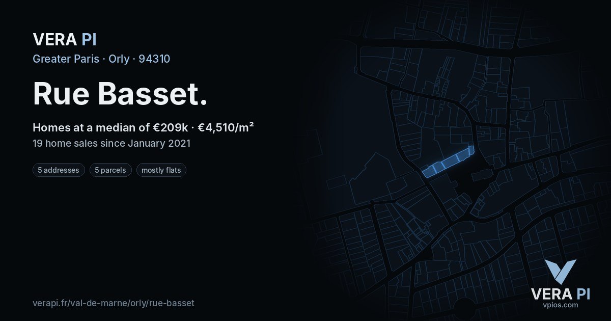 Rue Basset, Orly at night – every parcel coloured by the prices around it, the street's own parcels lit