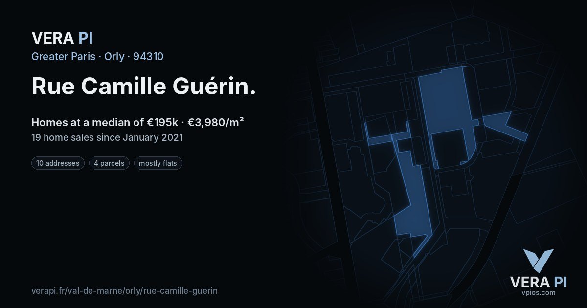 Rue Camille Guérin, Orly at night – every parcel coloured by the prices around it, the street's own parcels lit