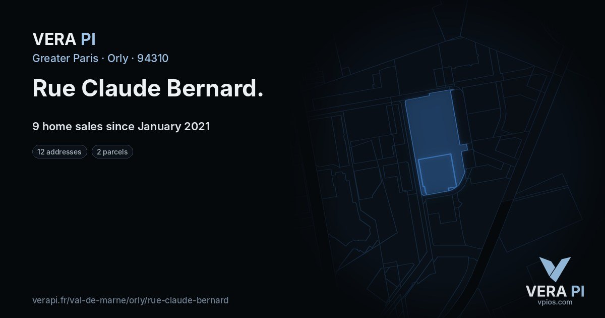 Rue Claude Bernard, Orly at night – every parcel coloured by the prices around it, the street's own parcels lit