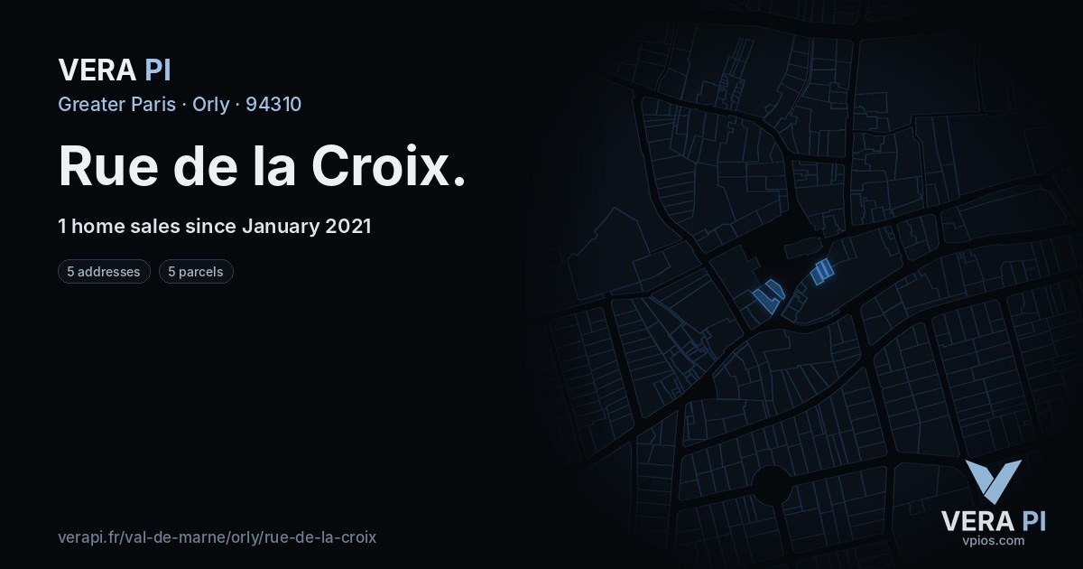 Rue de la Croix, Orly at night – every parcel coloured by the prices around it, the street's own parcels lit