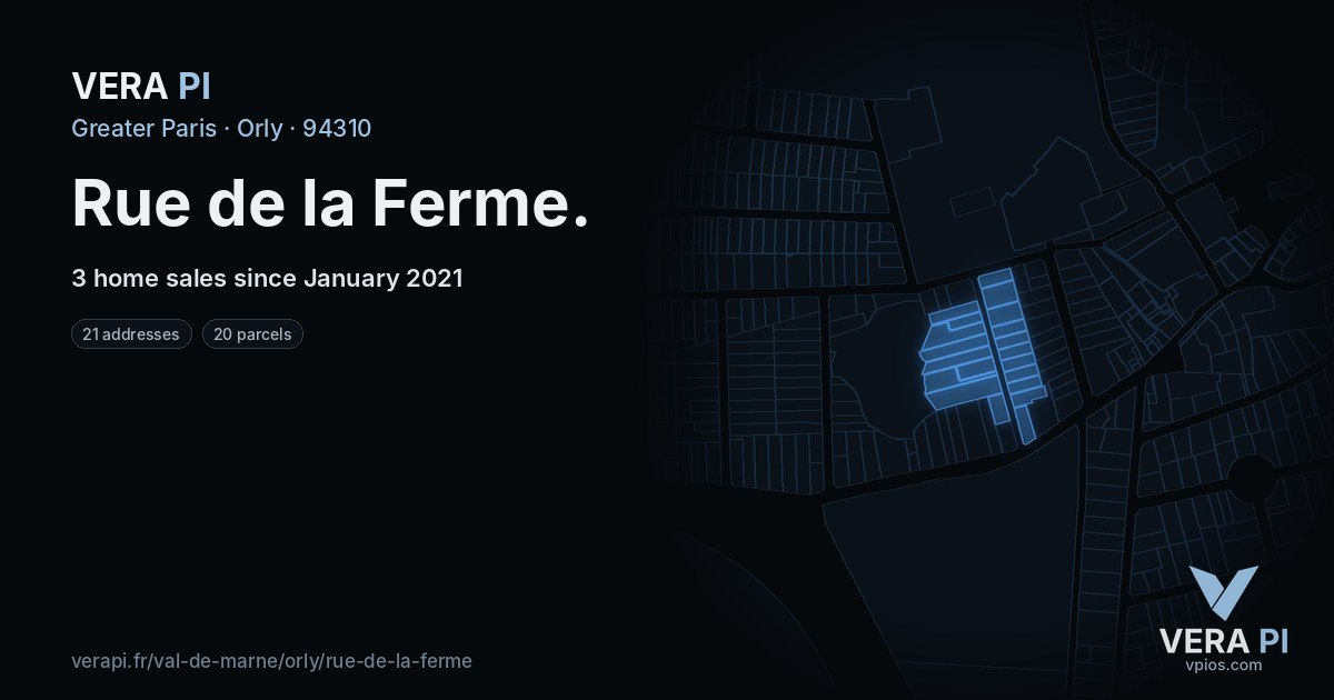 Rue de la Ferme, Orly at night – every parcel coloured by the prices around it, the street's own parcels lit