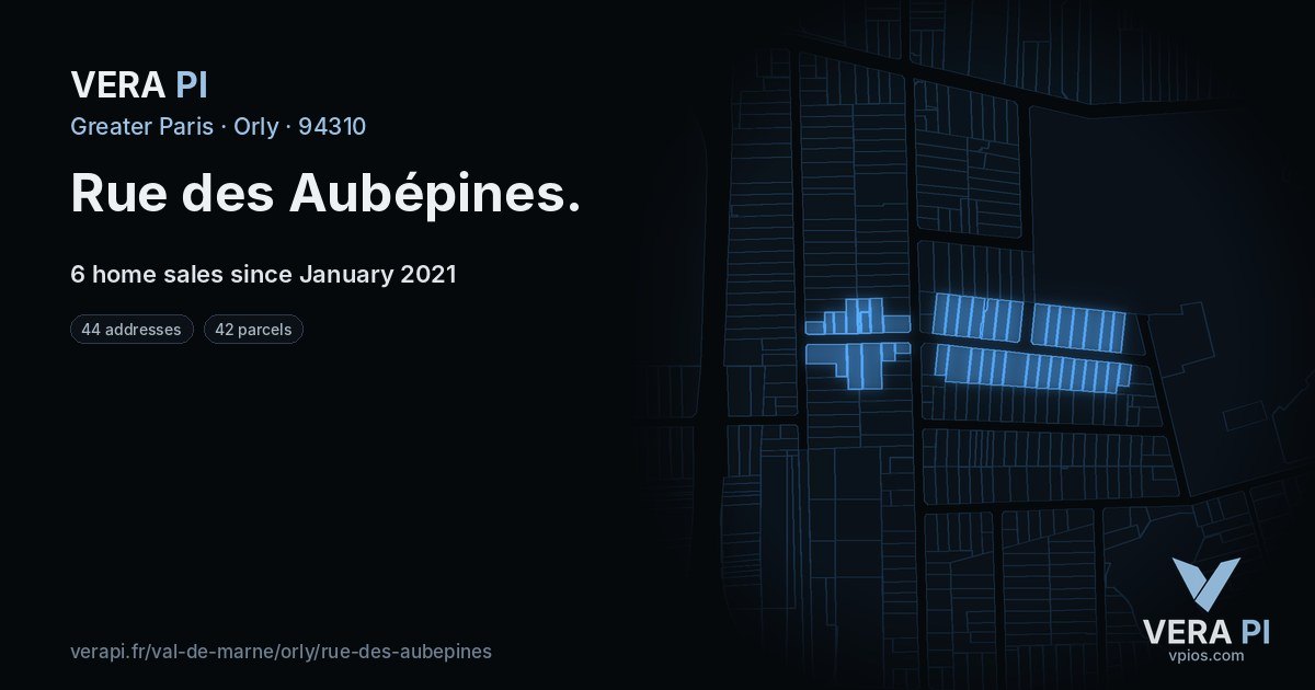 Rue des Aubépines, Orly at night – every parcel coloured by the prices around it, the street's own parcels lit