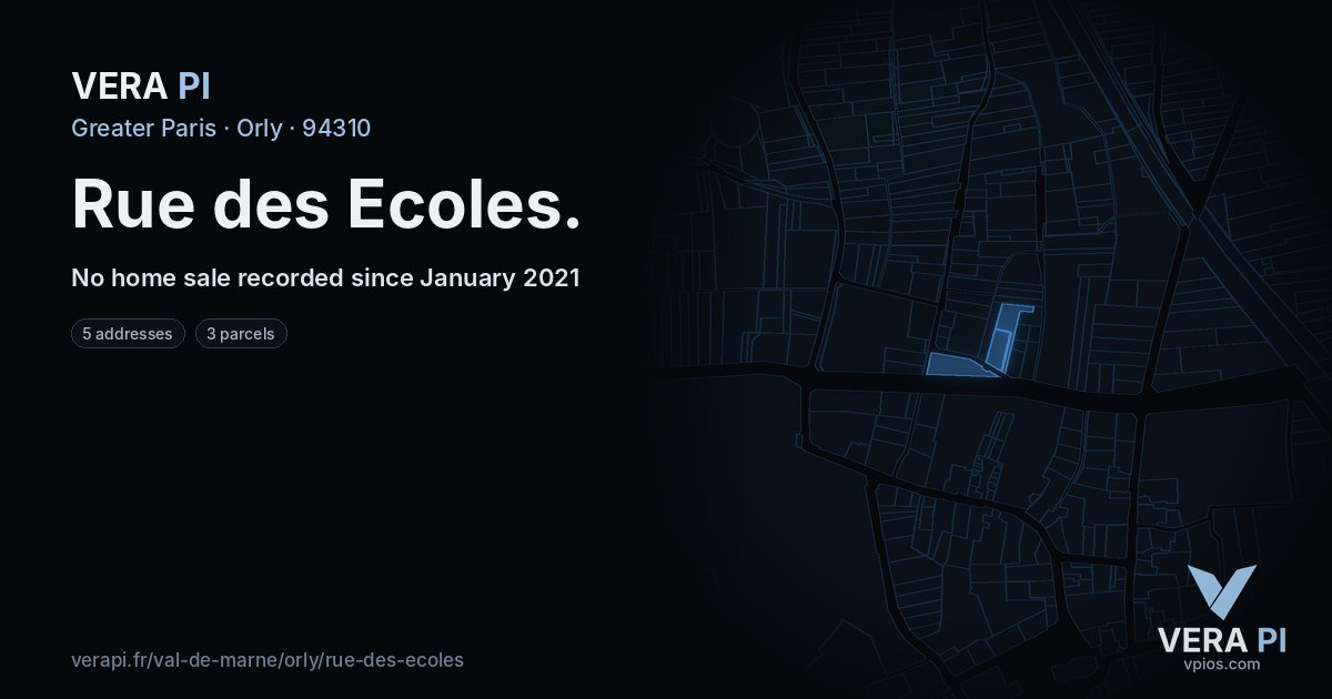 Rue des Ecoles, Orly at night – every parcel coloured by the prices around it, the street's own parcels lit