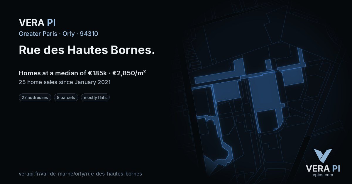 Rue des Hautes Bornes, Orly at night – every parcel coloured by the prices around it, the street's own parcels lit