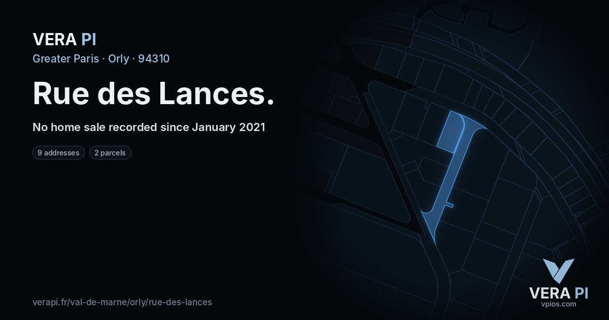 Rue des Lances, Orly at night – every parcel coloured by the prices around it, the street's own parcels lit
