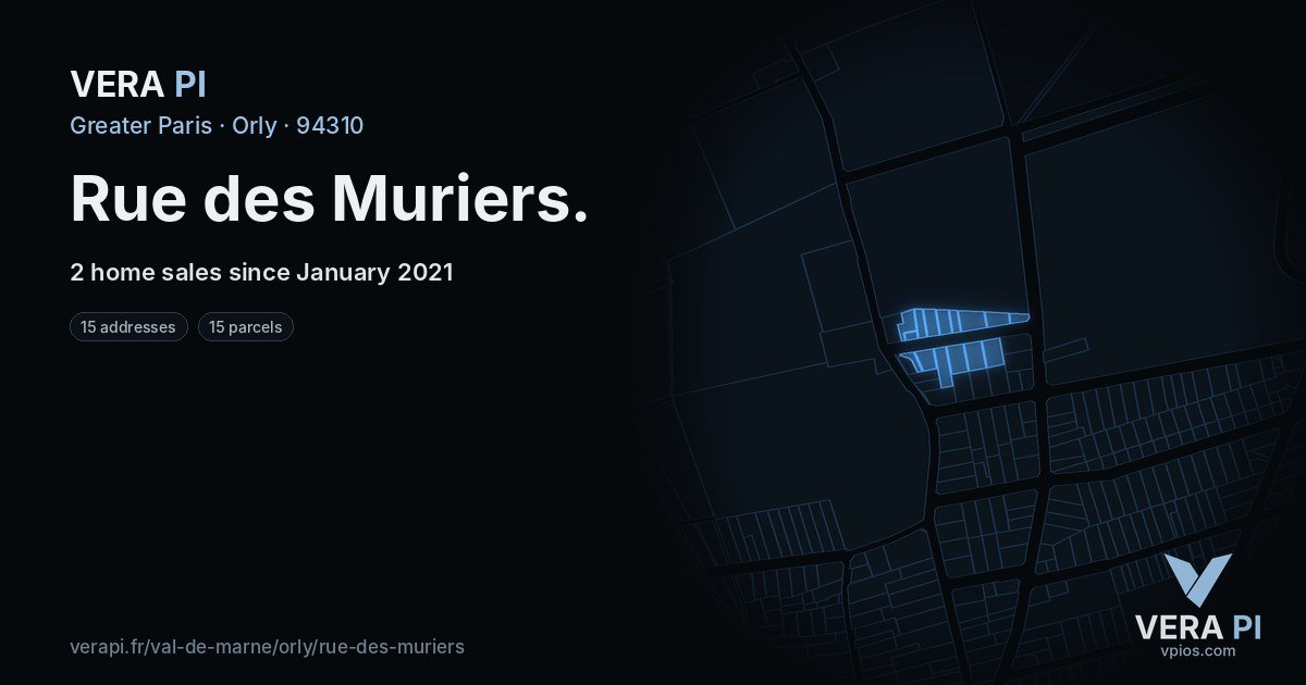 Rue des Muriers, Orly at night – every parcel coloured by the prices around it, the street's own parcels lit