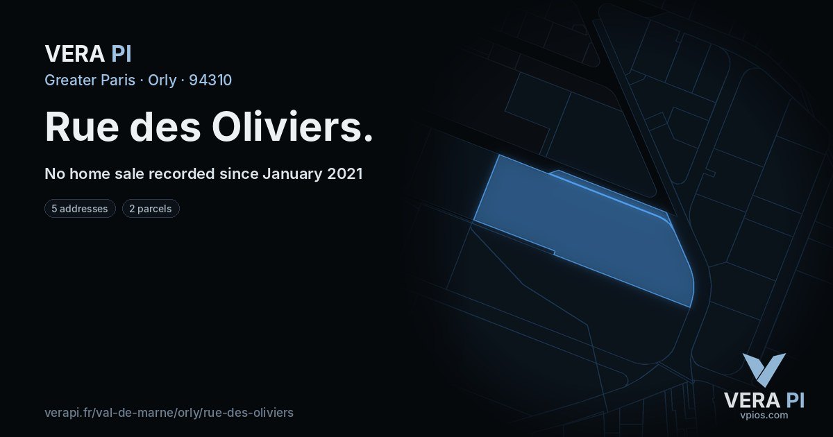 Rue des Oliviers, Orly at night – every parcel coloured by the prices around it, the street's own parcels lit