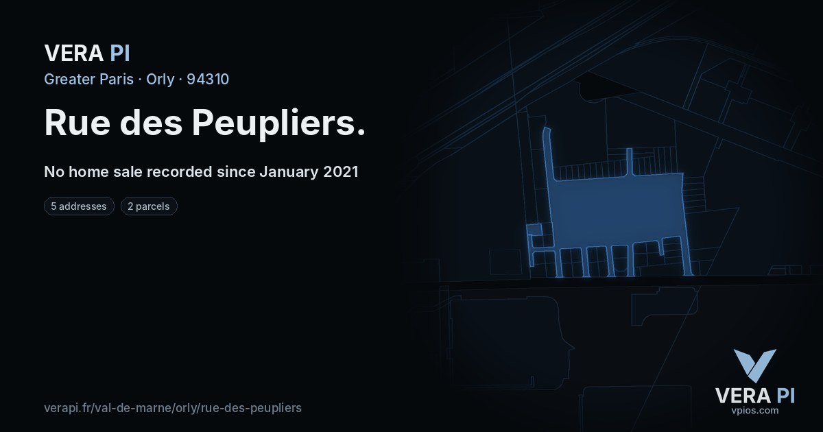Rue des Peupliers, Orly at night – every parcel coloured by the prices around it, the street's own parcels lit